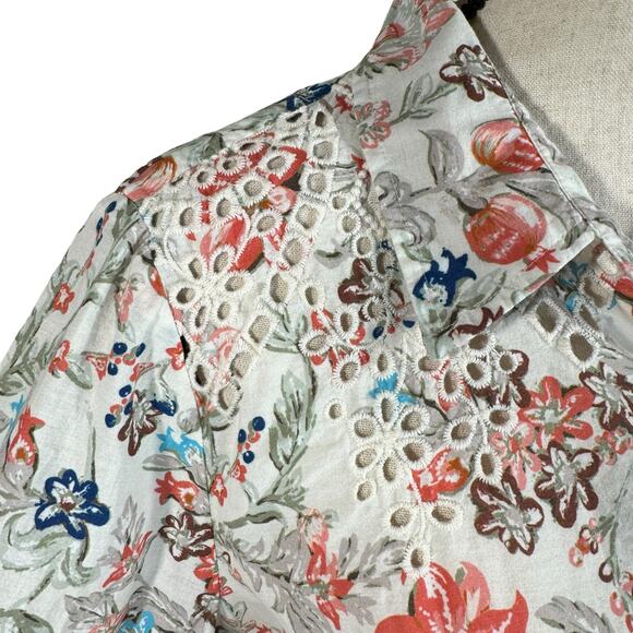 Sundance Large Top Floral Long Sleeve Embroidered Cut-Outs Lightweight Collared - Picture 4 of 8